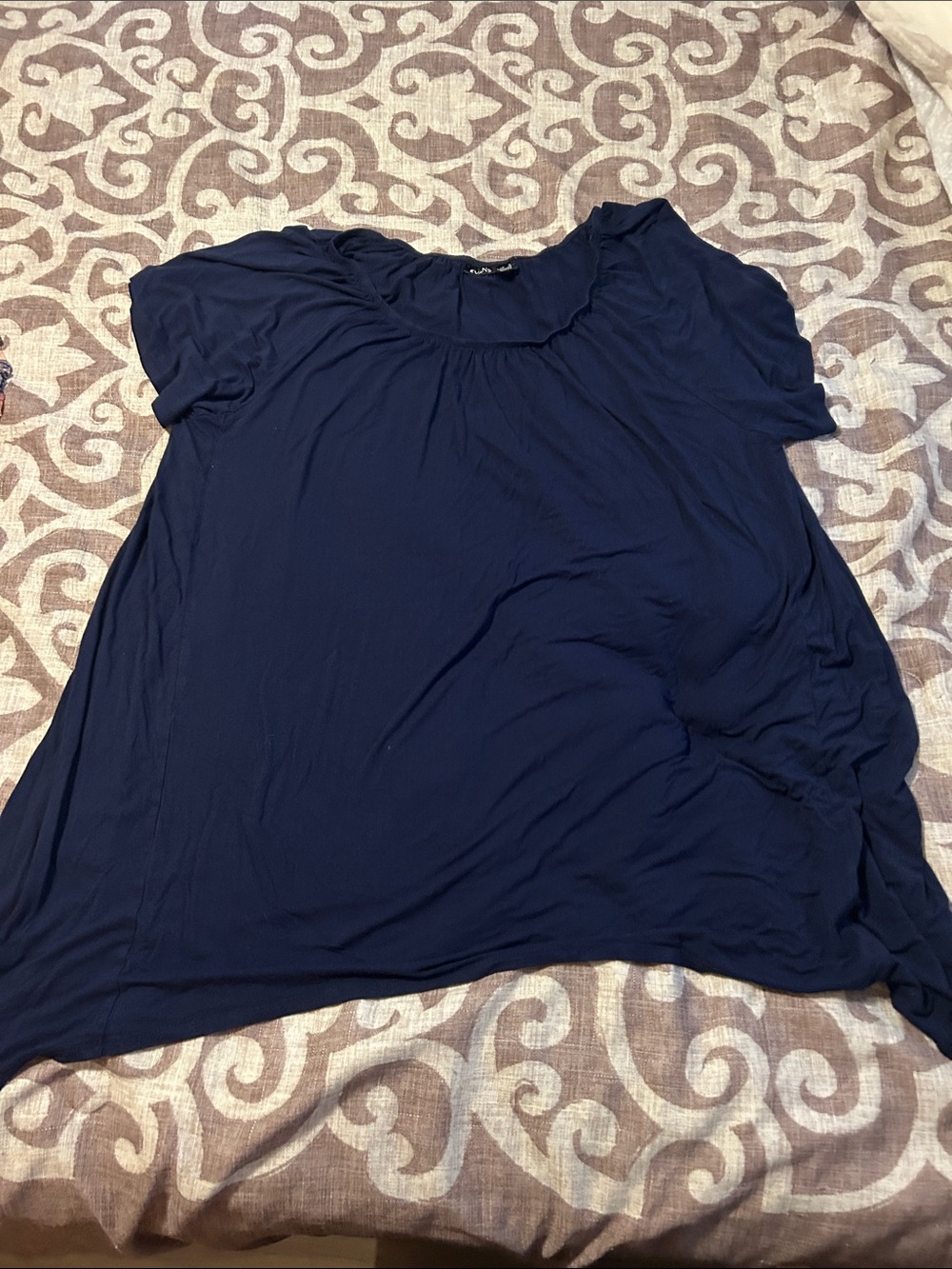 Women's Navy Short-Sleeve Gathered Neck Tunic